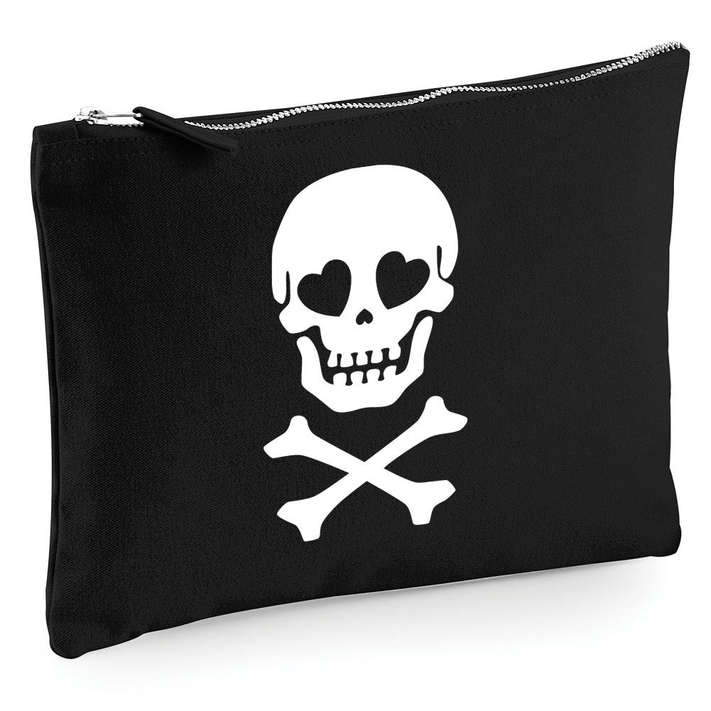 Skull and Crossbones Heart Eyes - Zip Bag Costmetic Make up Bag Pencil Case Accessory Pouch