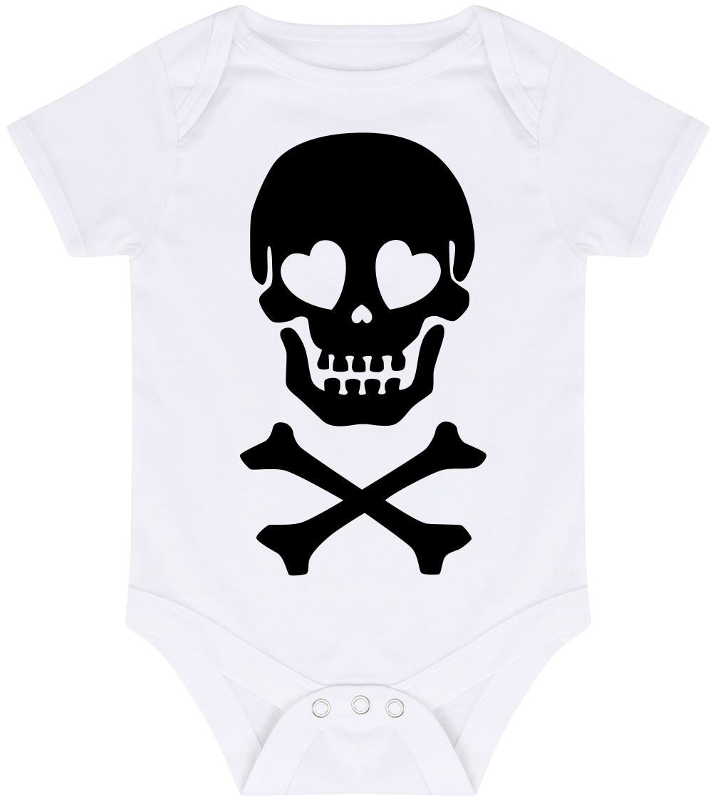 Skull and Crossbones Heart Eyes - Baby Vest Bodysuit Short Sleeve Unisex Boys Girls